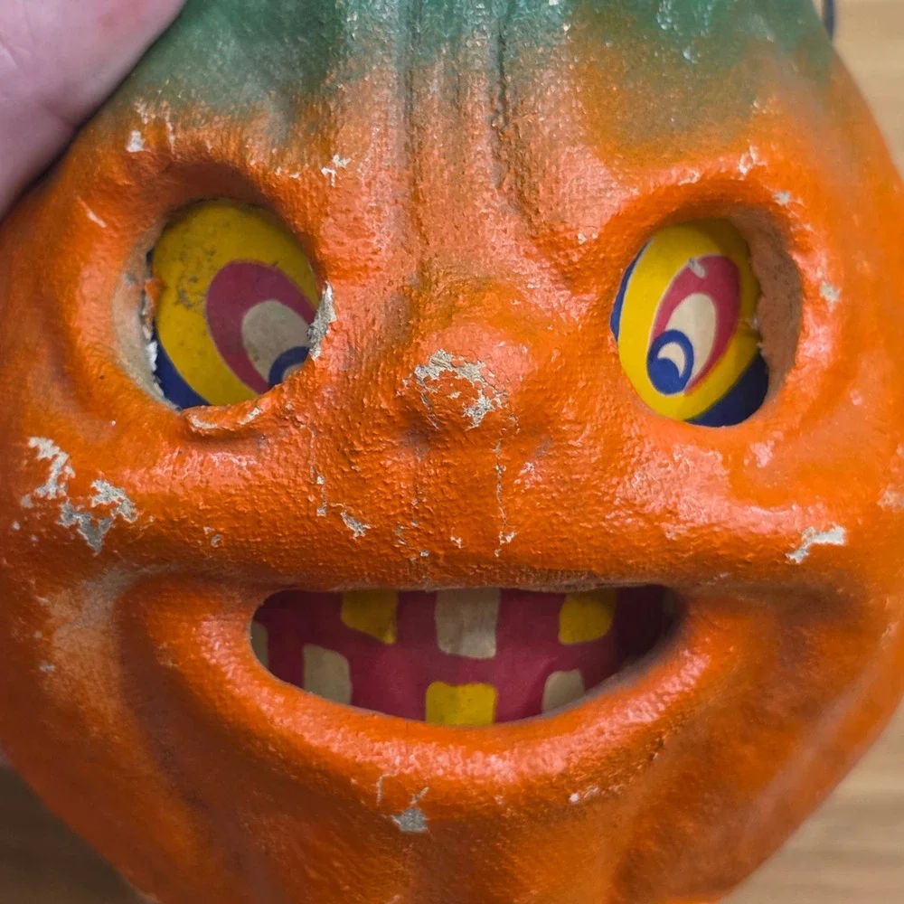 All-Original Antique Vintage Halloween Paper Mache Pulp Jack o' Lantern, 30s-40s